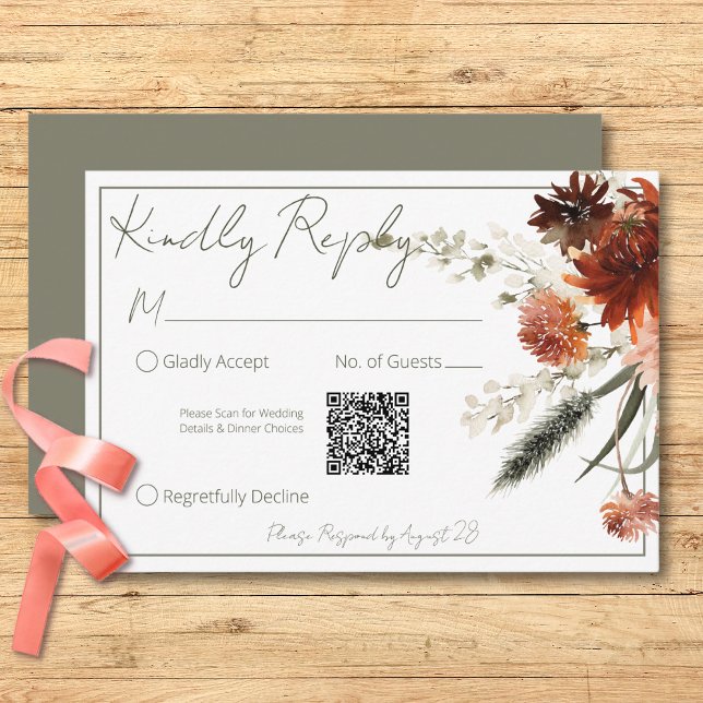 Rustic Terracotta Rust Flowers Green QR Code RSVP Card (Rustic Terracotta Rust Flowers Green QR Code RSVP Card)