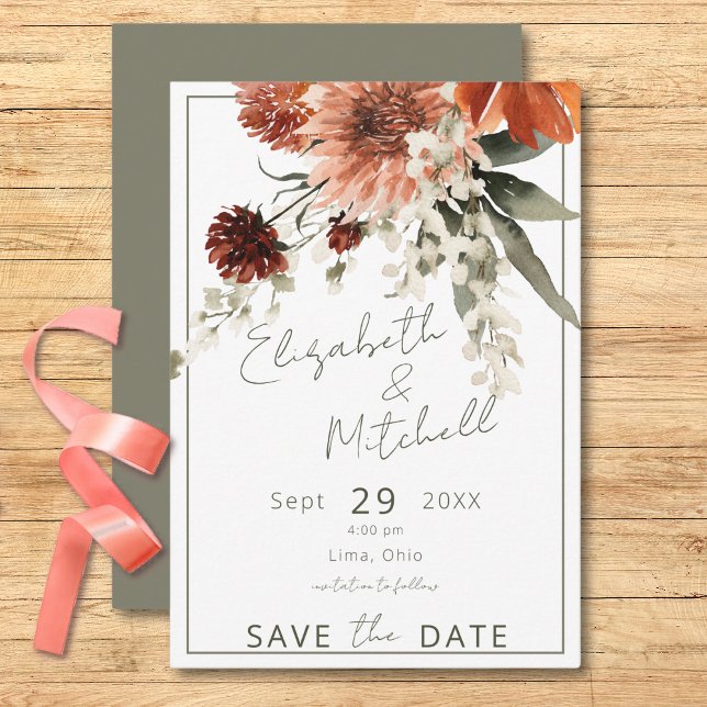 Rustic Terracotta Rust Flowers Green Wedding Save The Date (Rustic Terracotta Rust Flowers Green Wedding Save The Date)