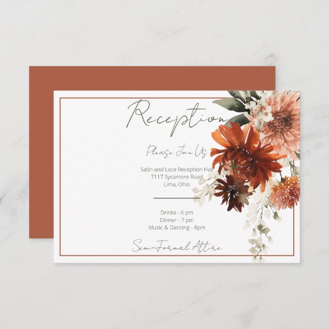 Rustic Terracotta Rust Flowers Reception Enclosure Card (Front/Back)