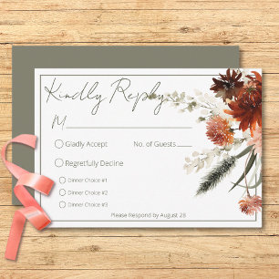Rustic Terracotta Rust Flowers Three Dinner Green RSVP Card