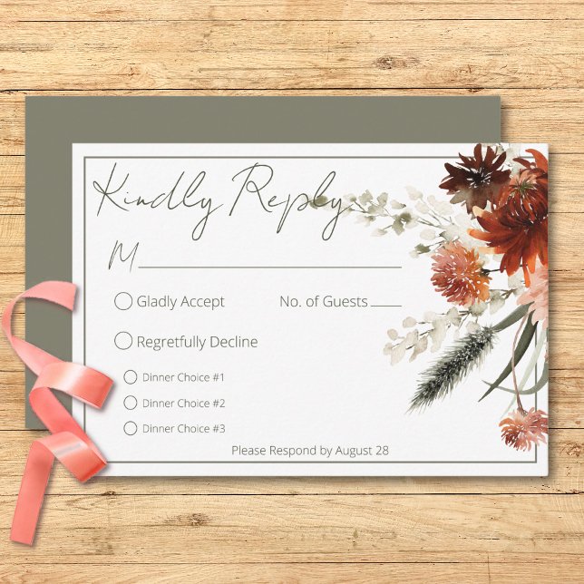 Rustic Terracotta Rust Flowers Three Dinner Green RSVP Card (Rustic Terracotta Rust Flowers Three Dinner Green RSVP Card)