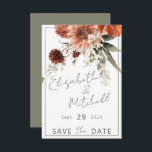 Rustic Terracotta Rust Flowers Wedding Save The Date<br><div class="desc">This modern yet rustic save the date card design features a top bouquet of peach blush, rust, terracotta, brown and white flowers. The background is white with a sage green thin frame; the back is a soft sage green. This design is part of the Rustic Terracotta Rust Flowers Wedding Suite...</div>