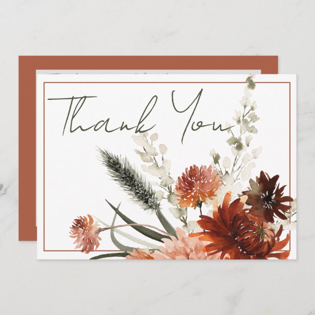 Rustic Terracotta Rust Flowers Wedding Thank You Card (Front/Back)