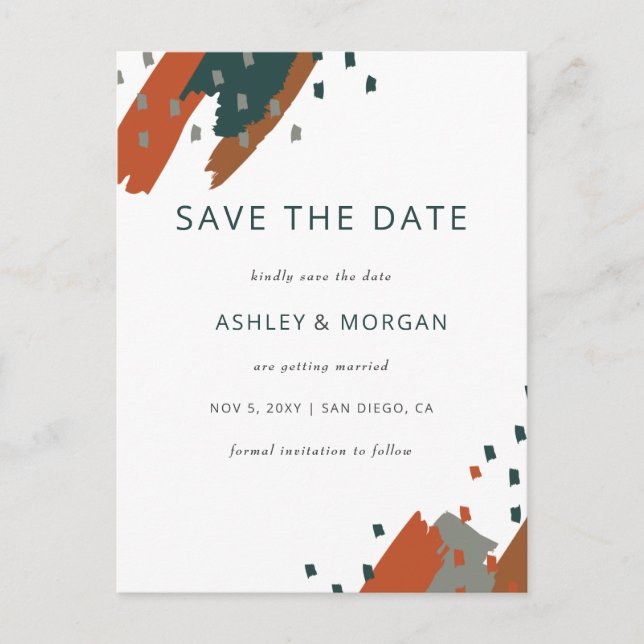 Rustic Terracotta Teal Abstract Save the Date Anno Announcement Postcard (Front)