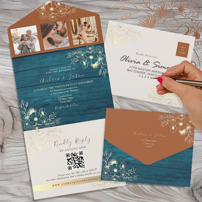 Rustic Terracotta Teal Fall Wedding  All In One Invitation (Creator Uploaded)
