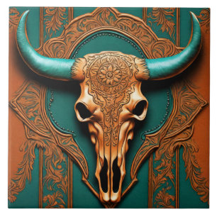 Rustic Terracotta Teal Western Country Bull SKull Ceramic Tile