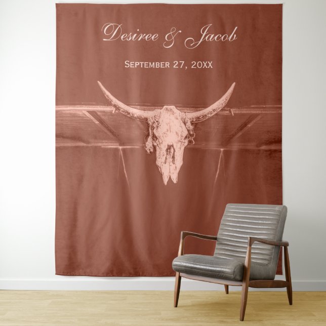 Rustic Terracotta Western Bull Cow Skull Backdrop Tapestry (In Situ)