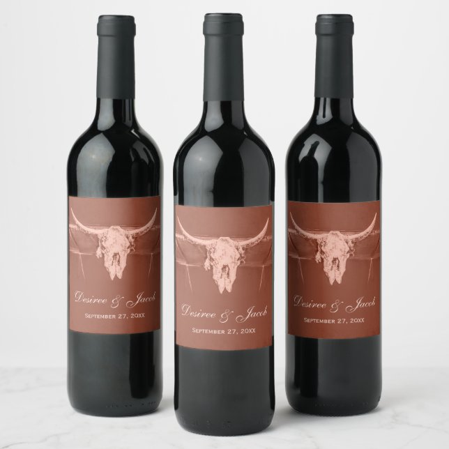 Rustic Terracotta Western Cow Skull Wine Label (Bottles)
