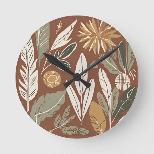 Rustic Terracotta Wildflower Boho Eclectic Design Round Clock (Front)