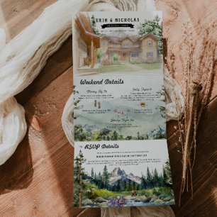 Rustic Teton Mountains   Illustrated Wedding Tri-Fold Invitation