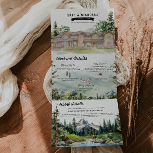 Rustic Teton Mountains   Illustrated Wedding Tri-Fold Invitation
