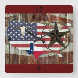 Rustic Texas Lone Star Texas Long Horn Square Wall Clock