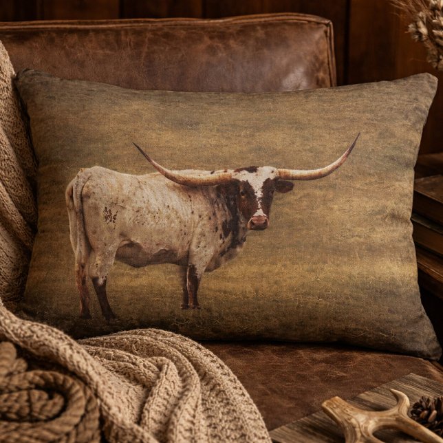 Rustic Texas Longhorn Cow  Decorative Cushion (Rustic Longhorn Cow Vintage Accent Pillow)