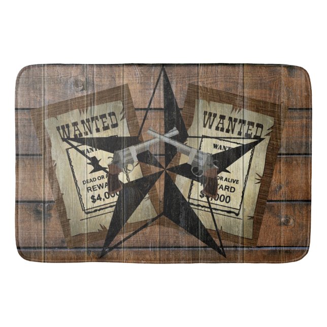 Rustic Texas Star Western Dual Pistols Wanted Sign Bath Mat (Front)