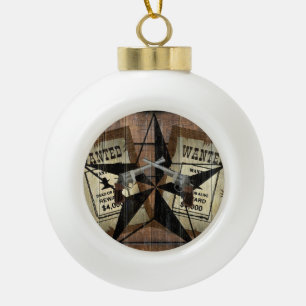 Rustic Texas Star Western Dual Pistols Wanted Sign Ceramic Ball Christmas Ornament