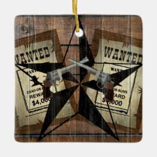 Rustic Texas Star Western Dual Pistols Wanted Sign Ceramic Ornament