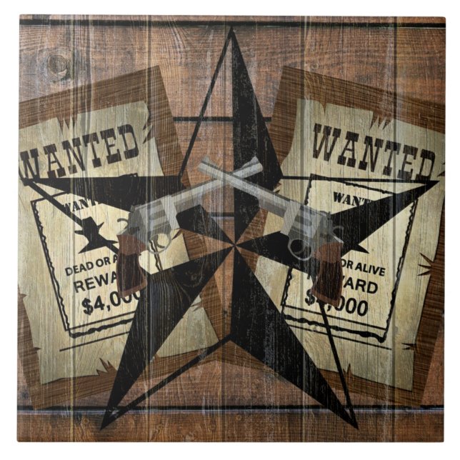 Rustic Texas Star Western Dual Pistols Wanted Sign Ceramic Tile (Front)