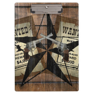 Rustic Texas Star Western Dual Pistols Wanted Sign Clipboard