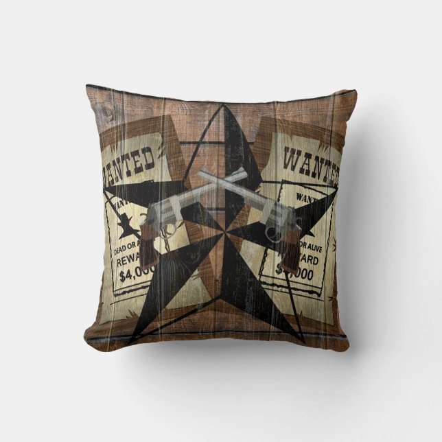 Rustic Texas Star Western Dual Pistols Wanted Sign Cushion (Front)