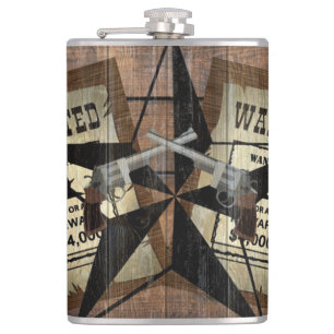 Rustic Texas Star Western Dual Pistols Wanted Sign Hip Flask