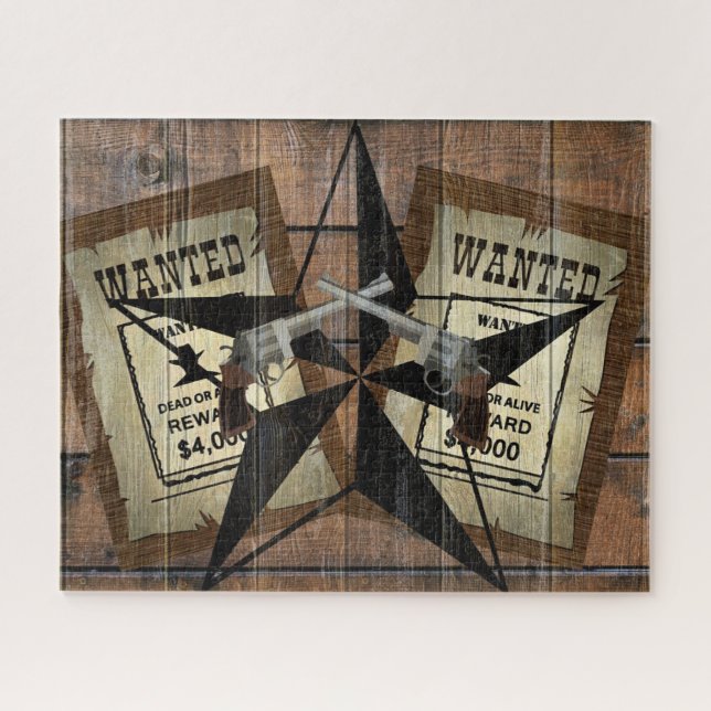Rustic Texas Star Western Dual Pistols Wanted Sign Jigsaw Puzzle (Horizontal)