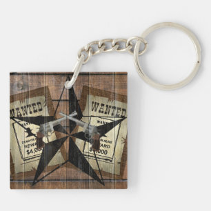 Rustic Texas Star Western Dual Pistols Wanted Sign Key Ring