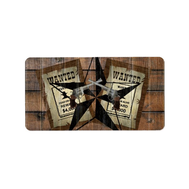 Rustic Texas Star Western Dual Pistols Wanted Sign Label (Front)