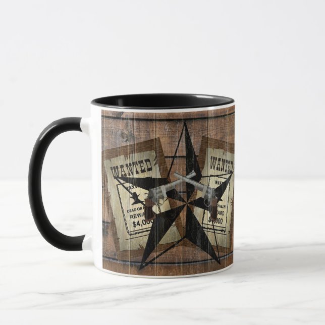Rustic Texas Star Western Dual Pistols Wanted Sign Mug (Left)