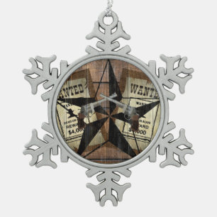 Rustic Texas Star Western Dual Pistols Wanted Sign Snowflake Pewter Christmas Ornament