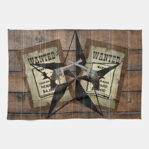 Rustic Texas Star Western Dual Pistols Wanted Sign Tea Towel