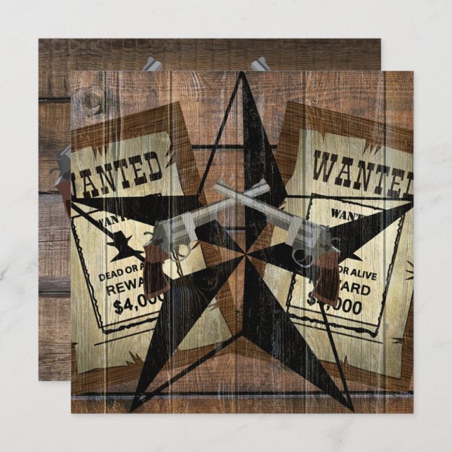 Rustic Texas Star Western Dual Pistols Wanted Sign Thank You Card (Front/Back)