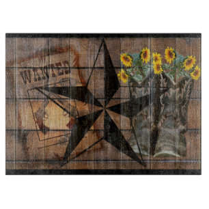 Rustic Texas Star Western Pistol Cowboy Boots Cutting Board