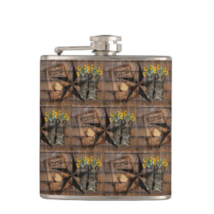 Rustic Texas Star Western Pistol Cowboy Boots Flas Hip Flask