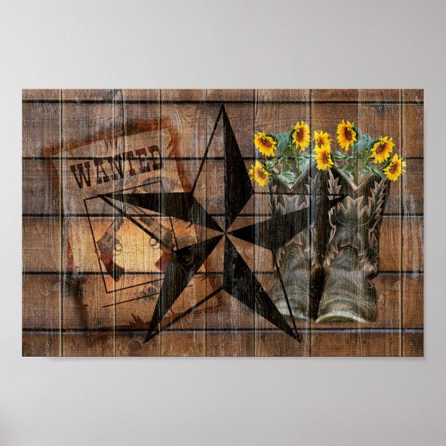 Rustic Texas Star Western Pistol Cowboy Boots Poster (Front)