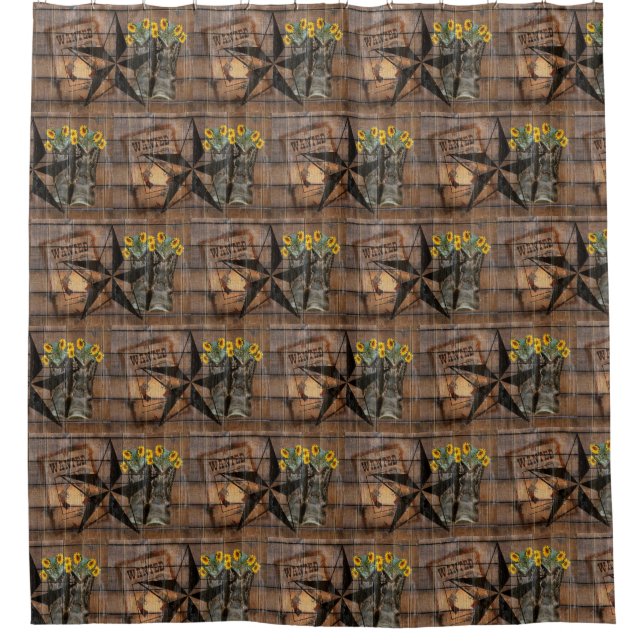 Rustic Texas Star Western Pistol Cowboy Boots Shower Curtain (Front)