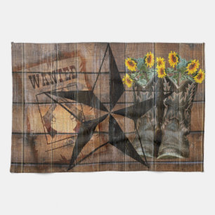 Rustic Texas Star Western Pistol Cowboy Boots Tea Towel