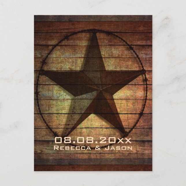 rustic texas star western wedding save the date announcement postcard (Front)