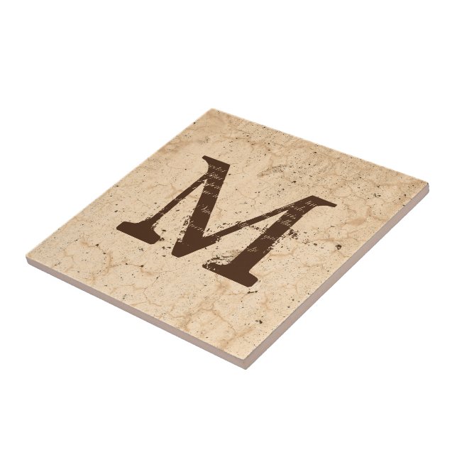 Rustic Texture Country Farmhouse Beige Monogrammed Ceramic Tile (Side)