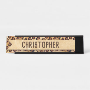 Rustic Texture Leopard Print Add Name Desk Name Plate