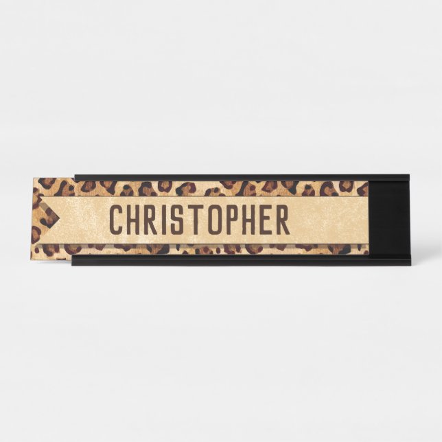 Rustic Texture Leopard Print Add Name Desk Name Plate (Front)