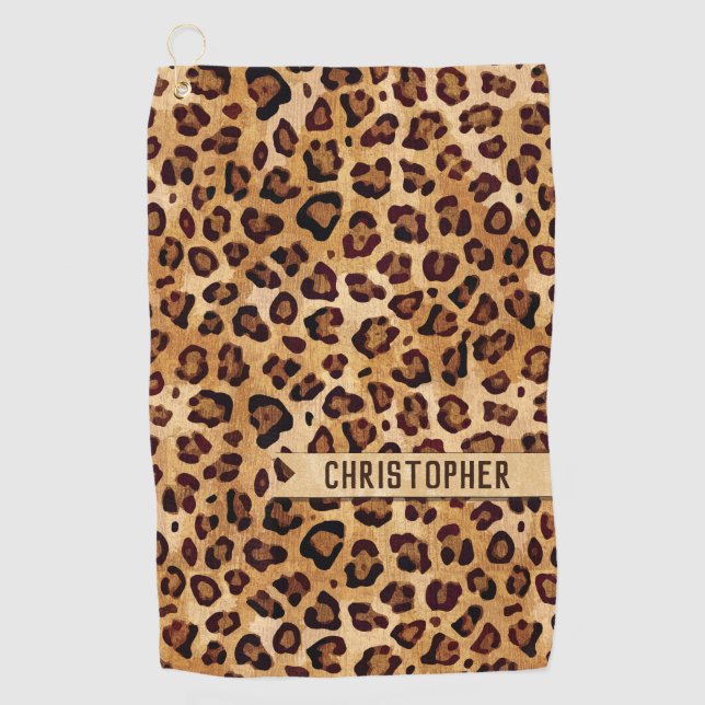Rustic Texture Leopard Print Add Name Golf Towel (Front)