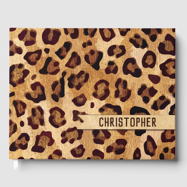 Rustic Texture Leopard Print Add Name Guest Book (Front)