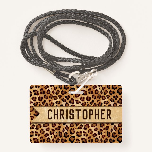 Rustic Texture Leopard Print Add Name ID Badge (Front with Lanyard)