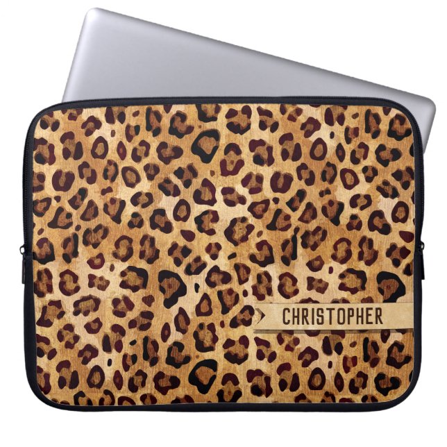 Rustic Texture Leopard Print Add Name Laptop Sleeve (Front)