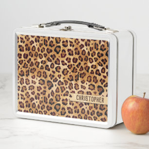 Rustic Texture Leopard Print Add Name Metal Lunch Box