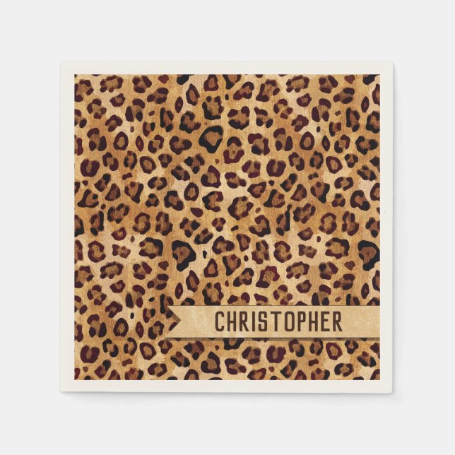 Rustic Texture Leopard Print Add Name Napkin (Front)