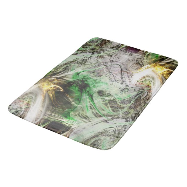 Rustic texture under floating green and yellow ink bath mat (Angled)