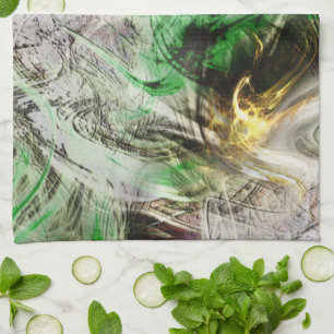 Rustic texture under floating green and yellow ink tea towel