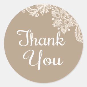 Rustic Thank You Brown & White Floral Lace Classic Round Sticker