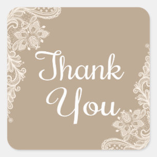 Rustic Thank You Brown & White Floral Lace Square Sticker